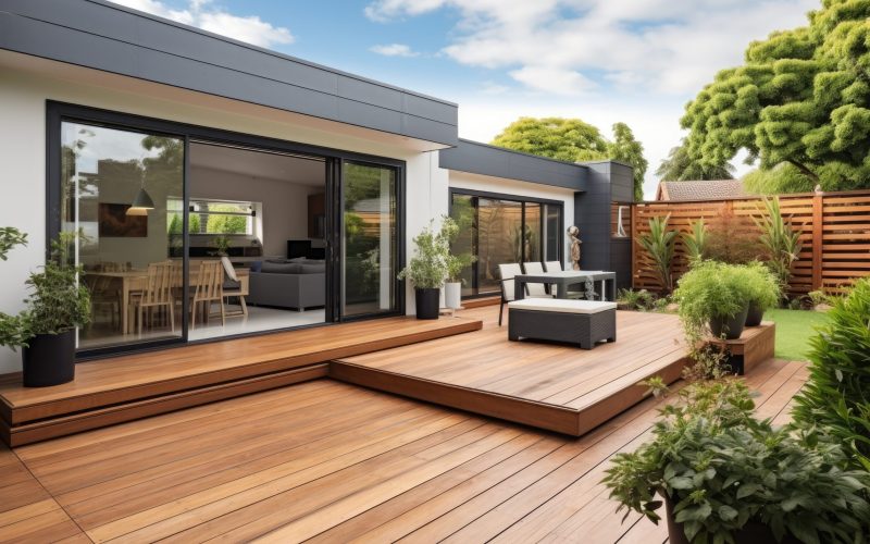 The renovation of a modern home extension in Melbourne includes the addition of a deck, patio, and courtyard area.